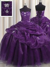 New Style Eggplant Purple and Purple Lace Up Quinceanera Gowns Beading and Appliques and Ruffles Sleeveless Floor Length