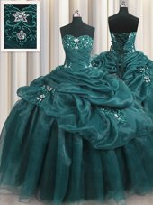 Stylish Floor Length Teal Sweet 16 Dresses Organza Sleeveless Beading and Appliques and Ruffles