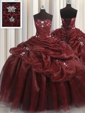 Sophisticated Burgundy Ball Gowns Sweetheart Sleeveless Organza Floor Length Lace Up Beading and Appliques and Pick Ups Quinceanera Dresses