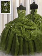 Fine Olive Green Ball Gowns Organza Sweetheart Sleeveless Beading and Appliques and Pick Ups Floor Length Lace Up 15th Birthday Dress