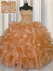 Glittering Visible Boning Orange Ball Gowns Strapless Sleeveless Organza Floor Length Lace Up Beading and Ruffles Vestidos de Quinceanera