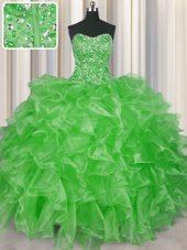 Gorgeous Visible Boning Organza Strapless Sleeveless Lace Up Beading and Ruffles 15 Quinceanera Dress in