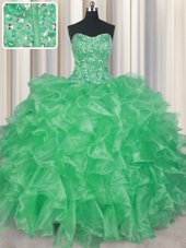 Affordable Visible Boning Apple Green Organza Lace Up Strapless Sleeveless Floor Length Sweet 16 Dresses Beading and Ruffles