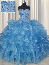 Elegant Visible Boning Beading and Ruffles Quinceanera Gowns Baby Blue Lace Up Sleeveless Floor Length