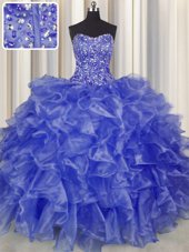 Visible Boning Blue Ball Gowns Beading and Ruffles 15th Birthday Dress Lace Up Organza Sleeveless Floor Length