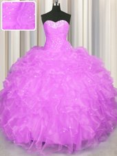 Free and Easy Sleeveless Floor Length Beading and Ruffles Lace Up Quince Ball Gowns with Lilac