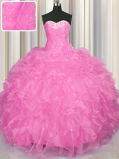 Fitting Sleeveless Organza Floor Length Lace Up Sweet 16 Dresses in Rose Pink for with Beading and Ruffles