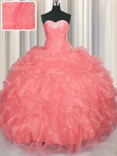 Flirting Floor Length Watermelon Red Quinceanera Gowns Organza Sleeveless Beading and Ruffles