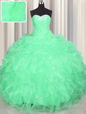 Pretty Organza Sweetheart Sleeveless Lace Up Beading and Ruffles 15 Quinceanera Dress in Apple Green