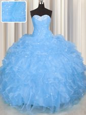 Exquisite Baby Blue Sweetheart Neckline Beading and Ruffles Quinceanera Dress Sleeveless Lace Up