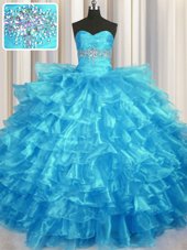 Modest Sweetheart Sleeveless Sweet 16 Quinceanera Dress Floor Length Beading and Ruffled Layers Baby Blue Organza
