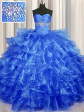 Pretty Ruffled Layers Floor Length Royal Blue Quince Ball Gowns Sweetheart Sleeveless Lace Up