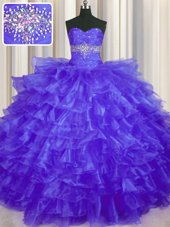 Cheap Floor Length Purple Sweet 16 Dress Organza Sleeveless Beading and Ruffled Layers