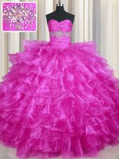 Dramatic Sleeveless Organza Floor Length Lace Up Quinceanera Dresses in Fuchsia for with Beading and Ruffled Layers