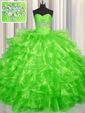 Captivating Organza Lace Up 15th Birthday Dress Sleeveless Floor Length Beading and Ruffled Layers