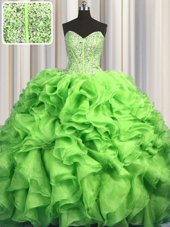 Affordable Visible Boning Brush Train Sweetheart Sleeveless Organza Ball Gown Prom Dress Beading and Ruffles Sweep Train Lace Up