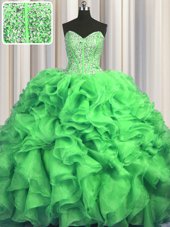 Enchanting Visible Boning Bling-bling Ball Gowns Sweetheart Sleeveless Organza With Train Sweep Train Lace Up Beading and Ruffles Quinceanera Dress
