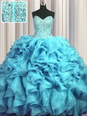 Modern Visible Boning Bling-bling Aqua Blue Ball Gowns Organza Sweetheart Sleeveless Beading and Ruffles With Train Lace Up Quinceanera Dresses Brush Train
