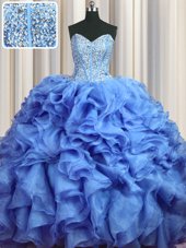 Fashion Visible Boning Bling-bling With Train Baby Blue Quinceanera Dress Organza Brush Train Sleeveless Beading and Ruffles