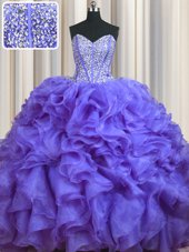 Custom Designed Bling-bling Sleeveless Brush Train Beading and Ruffles Lace Up Sweet 16 Quinceanera Dress