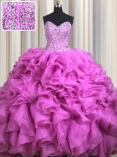 Admirable Visible Boning Fuchsia Sleeveless Organza Brush Train Lace Up Sweet 16 Quinceanera Dress for Military Ball and Sweet 16 and Quinceanera