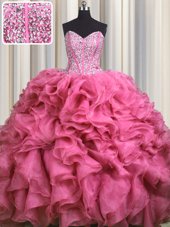 Artistic Visible Boning Bling-bling With Train Rose Pink 15th Birthday Dress Organza Brush Train Sleeveless Beading and Ruffles