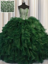 Sexy Visible Boning Bling-bling Sweetheart Sleeveless Quinceanera Gowns With Brush Train Beading Green Organza