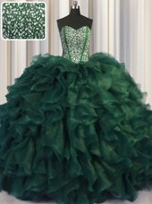 Clearance Bling-bling Dark Green Organza Lace Up Sweet 16 Dresses Sleeveless With Brush Train Beading and Ruffles