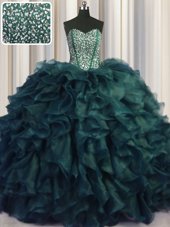 Chic Visible Boning Bling-bling Sleeveless Organza With Brush Train Lace Up Vestidos de Quinceanera in Peacock Green for with Beading and Ruffles