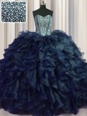 Chic Visible Boning Bling-bling Navy Blue Organza Lace Up Quince Ball Gowns Sleeveless With Brush Train Beading and Ruffles