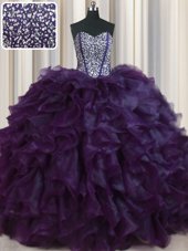 Decent Visible Boning Bling-bling Eggplant Purple Sweetheart Neckline Beading and Ruffles 15 Quinceanera Dress Sleeveless Lace Up
