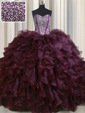 Luxury Visible Boning Burgundy Sleeveless Brush Train Beading and Ruffles With Train Ball Gown Prom Dress