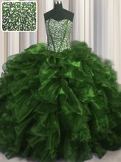 Lovely Visible Boning Sweetheart Sleeveless Brush Train Lace Up 15 Quinceanera Dress Olive Green Organza