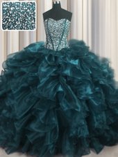 Trendy Visible Boning Bling-bling Brush Train Teal Sleeveless With Train Beading and Ruffles Lace Up Quinceanera Gowns