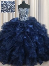 Visible Boning Bling-bling Navy Blue Sleeveless With Train Beading and Ruffles Lace Up 15 Quinceanera Dress