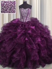 Unique Visible Boning Sweetheart Sleeveless Sweet 16 Quinceanera Dress With Brush Train Beading and Ruffles Eggplant Purple Organza