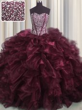 Charming Visible Boning Bling-bling Sleeveless Brush Train Lace Up With Train Beading and Ruffles Quinceanera Gown