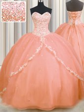 With Train Orange Ball Gown Prom Dress Organza Brush Train Sleeveless Beading and Appliques