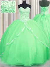 High Class Sweetheart Sleeveless Ball Gown Prom Dress With Brush Train Beading and Appliques Organza