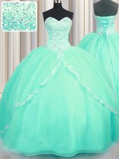 Superior Sleeveless Brush Train Beading and Appliques Lace Up Sweet 16 Dresses
