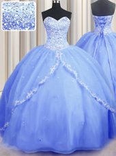Flare Baby Blue Lace Up Quince Ball Gowns Beading and Appliques Sleeveless With Brush Train