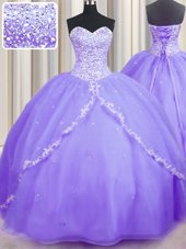 Super Lavender Lace Up 15 Quinceanera Dress Beading and Appliques Sleeveless With Brush Train