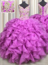 Sweet V Neck Fuchsia Quince Ball Gowns Military Ball and Sweet 16 and Quinceanera and For with Beading and Ruffles V-neck Sleeveless Lace Up