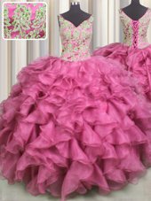 Top Selling V Neck Rose Pink Ball Gowns Organza V-neck Sleeveless Beading and Ruffles Floor Length Lace Up Sweet 16 Quinceanera Dress