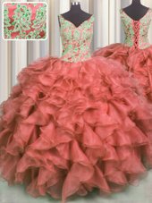 Glittering V Neck High Low Coral Red 15th Birthday Dress Organza Sleeveless Beading and Ruffles