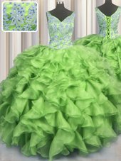 Stylish V Neck V-neck Sleeveless Lace Up Quince Ball Gowns Organza
