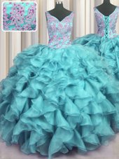 Eye-catching Ruffled V Neck Aqua Blue Ball Gowns Appliques and Ruffles Sweet 16 Dresses Lace Up Organza Sleeveless Floor Length