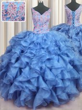 Traditional Ruffled V Neck Floor Length Ball Gowns Sleeveless Baby Blue 15 Quinceanera Dress Lace Up