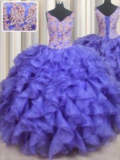Simple V Neck Lavender Ball Gowns Appliques and Ruffles Sweet 16 Dresses Lace Up Organza Sleeveless Floor Length