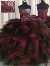 Ideal Organza and Tulle Sweetheart Sleeveless Lace Up Beading and Ruffles and Ruffled Layers 15th Birthday Dress in Wine Red